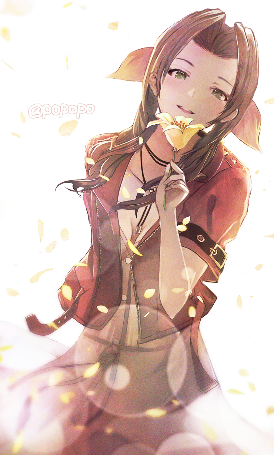 1girl aerith_gainsborough artist_name brown_hair commentary dress facing_viewer final_fantasy final_fantasy_vii final_fantasy_vii_remake flower green_eyes hair_intakes highres holding holding_flower jacket jewelry long_hair necklace open_clothes open_jacket parted_lips pink_dress popopo_(popopo5656) red_jacket short_sleeves smile solo symbol-only_commentary teeth upper_teeth_only
