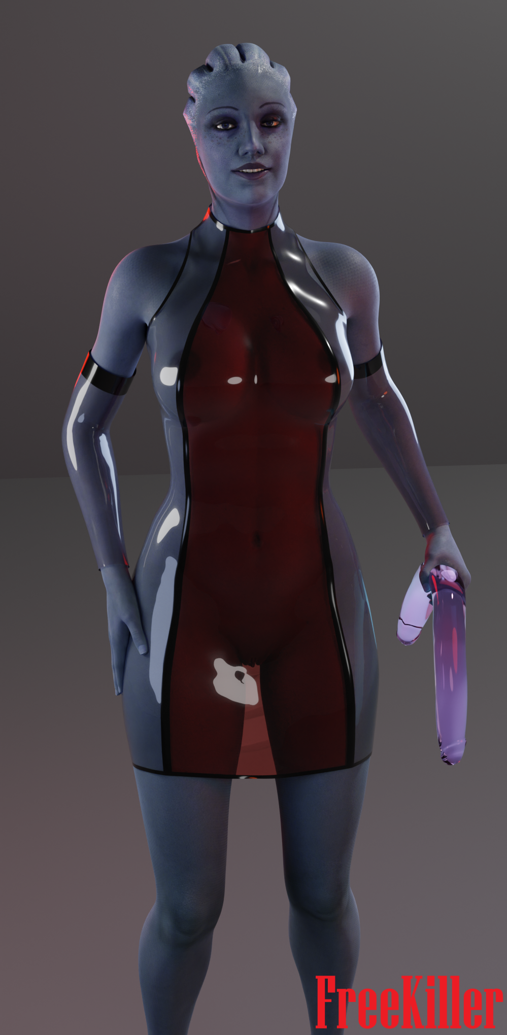 4k alien alien_humanoid asari blender_(software) breasts clothing dildo double_dildo exposed_breasts female freekiller genitals hi_res holding_dildo holding_object holding_sex_toy humanoid latex_armwear latex_clothing liara_t'soni looking_at_viewer mass_effect pussy rubber sex_toy shiny_latex smile solo tansparent