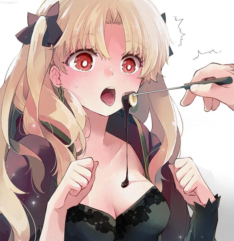 1girl azumi_(myameco) bangs black_dress blonde_hair breasts cape chocolate chocolate_on_body chocolate_on_breasts cleavage commentary_request dress ereshkigal_(fate) fate/grand_order fate_(series) food_on_body hair_ribbon holding incoming_food long_hair medium_breasts open_mouth out_of_frame parted_bangs red_cape red_eyes red_ribbon ribbon simple_background single_sleeve sweatdrop two_side_up very_long_hair white_background