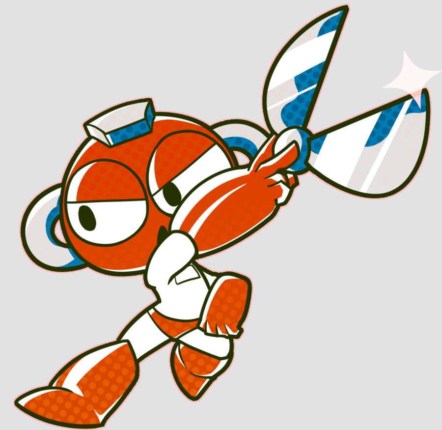 1boy black_eyes cut_man gloves grey_background holding holding_scissors holding_weapon mega_man_(classic) mega_man_(series) mixed-language_commentary no_nose open_mouth orange_footwear orange_gloves robot scissors solo suyasuyasue weapon