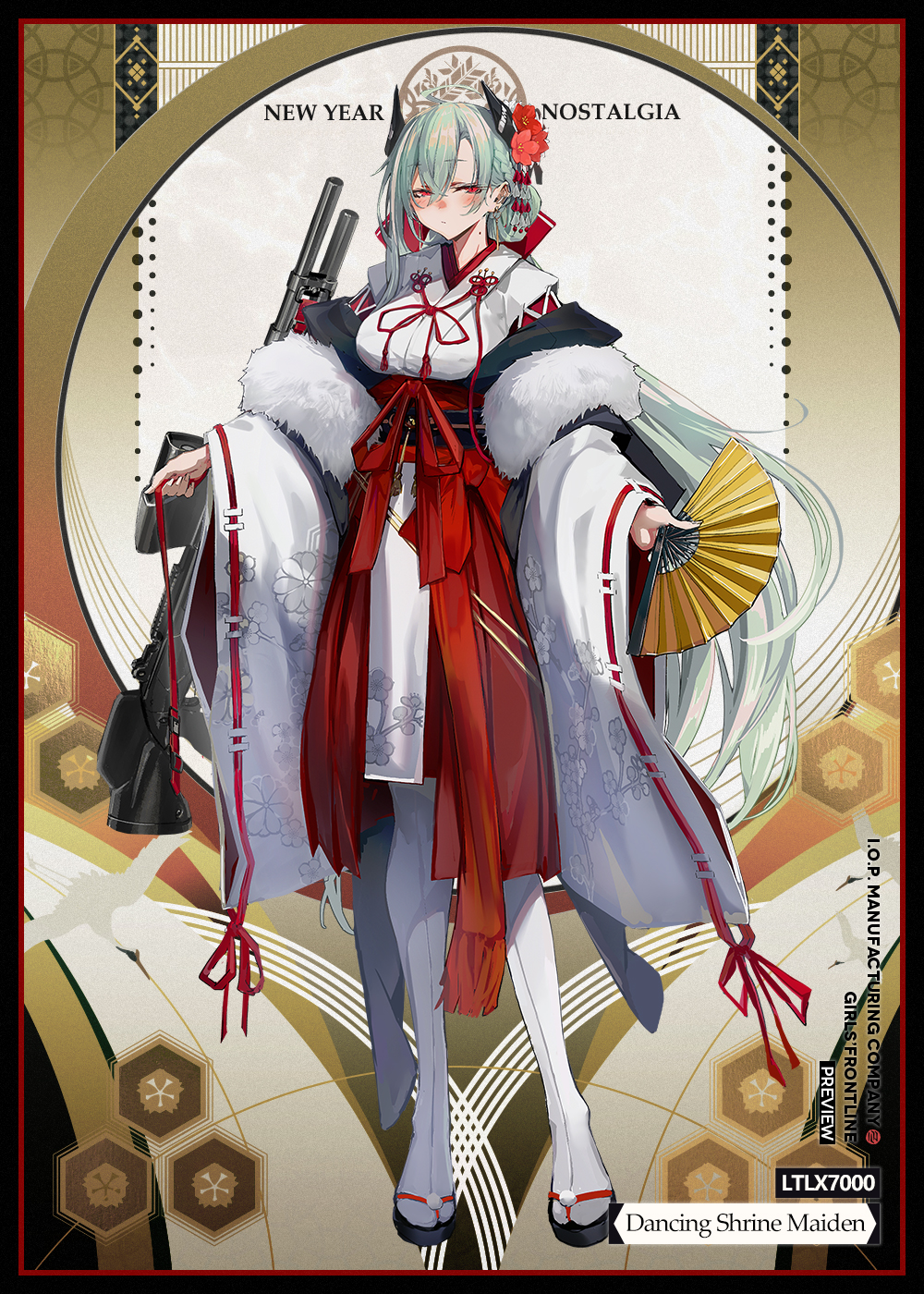 1girl afukuro aqua_hair bangs beretta_ltlx_7000 blush braid breasts character_name closed_mouth copyright_name ear_piercing earrings english_text flower full_body fur-trimmed_robe girls'_frontline gun hair_between_eyes hair_flower hair_ornament hair_ribbon hairclip hand_fan happy_new_year highres holding holding_fan holding_gun holding_weapon japanese_clothes jewelry long_hair looking_at_viewer ltlx_7000_(dancing_shrine_maiden)_(girls'_frontline) ltlx_7000_(girls'_frontline) medium_breasts mole mole_on_neck new_year official_alternate_costume official_art piercing promotional_art red_eyes ribbon robe sandals shotgun solo standing thighhighs weapon white_robe white_thighhighs
