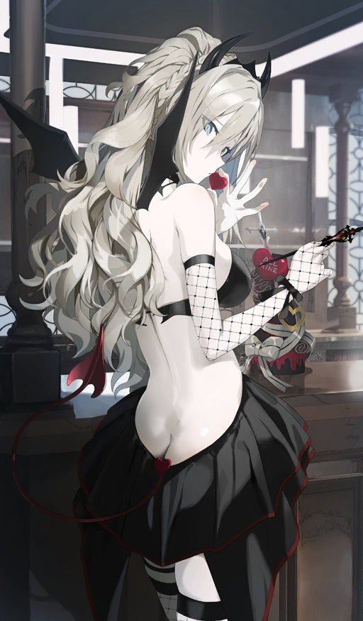 1girl akinashi_yuu ass back bangs bare_shoulders black_dress braid breasts candy chocolate demon_girl demon_horns demon_tail demon_wings dress fate/grand_order fate_(series) food french_braid grey_eyes heart heart-shaped_chocolate horns kriemhild_(fate) large_breasts long_hair looking_at_viewer looking_back mole mole_under_eye official_art ponytail solo tail textless_version thighs white_hair wings