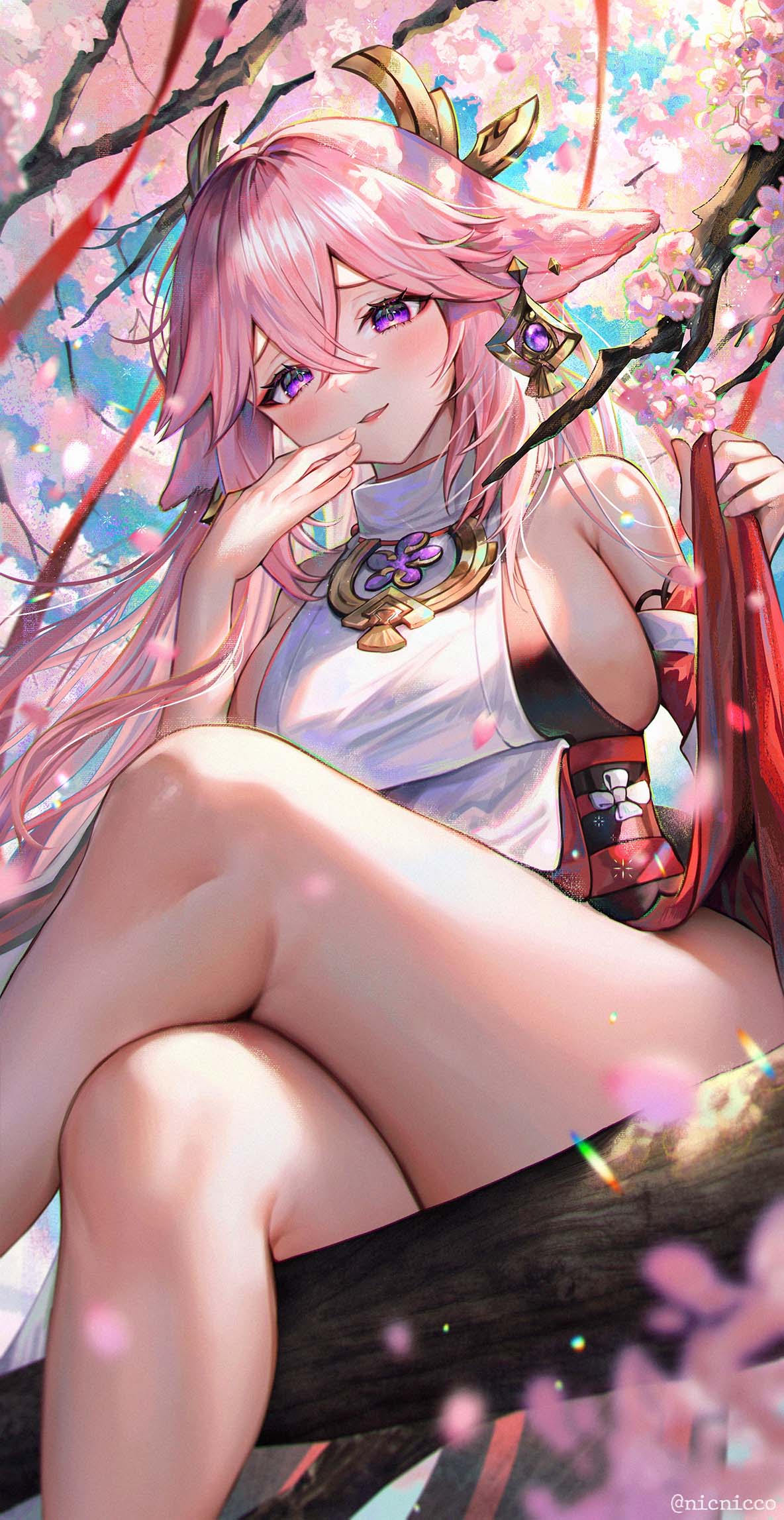 1girl animal_ears bangs bare_legs bare_shoulders branch breasts cherry_blossoms clothes_lift commentary crossed_bangs crossed_legs detached_sleeves earrings feet_out_of_frame floating_hair floppy_ears fox_ears from_below genshin_impact hair_between_eyes hair_ornament hand_to_own_mouth hands_up highres holding in_tree jewelry large_breasts long_hair looking_at_viewer nicccolee nontraditional_miko open_mouth outdoors pink_hair purple_eyes raised_eyebrows red_skirt shirt sideboob sidelocks sitting sitting_in_tree skirt skirt_lift sleeveless sleeveless_shirt smile solo symbol-only_commentary thighs tree turtleneck twitter_username yae_miko