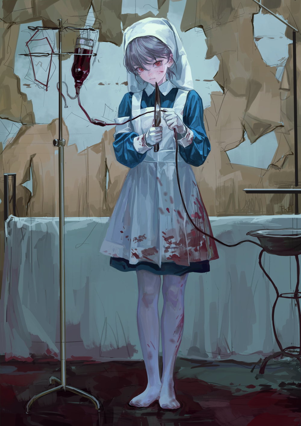 1girl bangs blood blood_bag blood_on_clothes blood_on_face fkey full_body gloves grey_hair highres holding holding_knife knife looking_at_viewer no_shoes nurse original pantyhose red_eyes solo veil white_gloves white_pantyhose