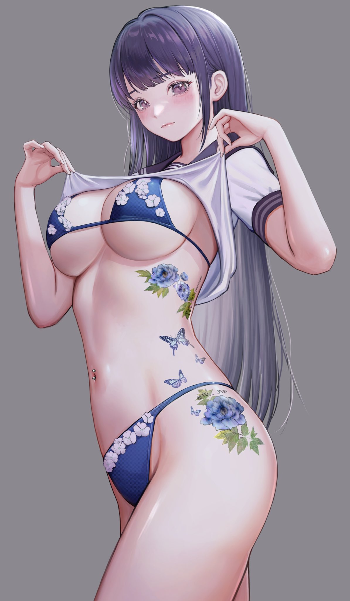 10_plus 1girl bangs bikini blue_bikini blue_sailor_collar blush breasts clothes_lift collared_shirt commission cowboy_shot expressionless floral_print flower_tattoo grey_background hands_up highres large_breasts lifted_by_self long_hair micro_bikini navel navel_piercing original piercing purple_eyes purple_hair sailor_collar shirt shirt_lift short_sleeves sideboob sidelocks simple_background skeb_commission solo stomach swimsuit tattoo twitter_username underboob watermark white_shirt