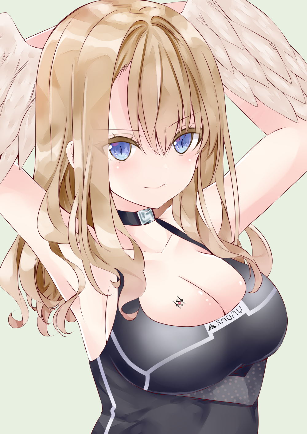 1girl armpits arms_behind_head arms_up bangs bare_arms bare_shoulders black_camisole blue_eyes breasts brown_hair camisole cleavage closed_mouth eunie_(xenoblade) feathered_wings green_background hair_between_eyes head_wings highres long_hair looking_at_viewer medium_breasts nanase_nao simple_background smile solo white_wings wings xenoblade_chronicles_(series) xenoblade_chronicles_3