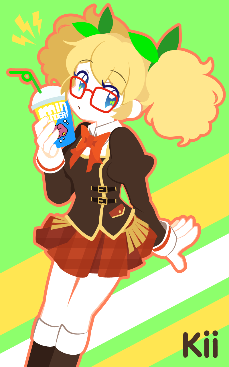 1girl afro_puffs aikatsu! aikatsu!_(series) bendy_straw blonde_hair blue_eyes bow cup disposable_cup drinking_straw glasses highres holding holding_cup light_frown long_sleeves plaid plaid_skirt pt5_(petako) red-framed_eyewear red_bow saegusa_kii school_uniform skirt solo striped striped_background