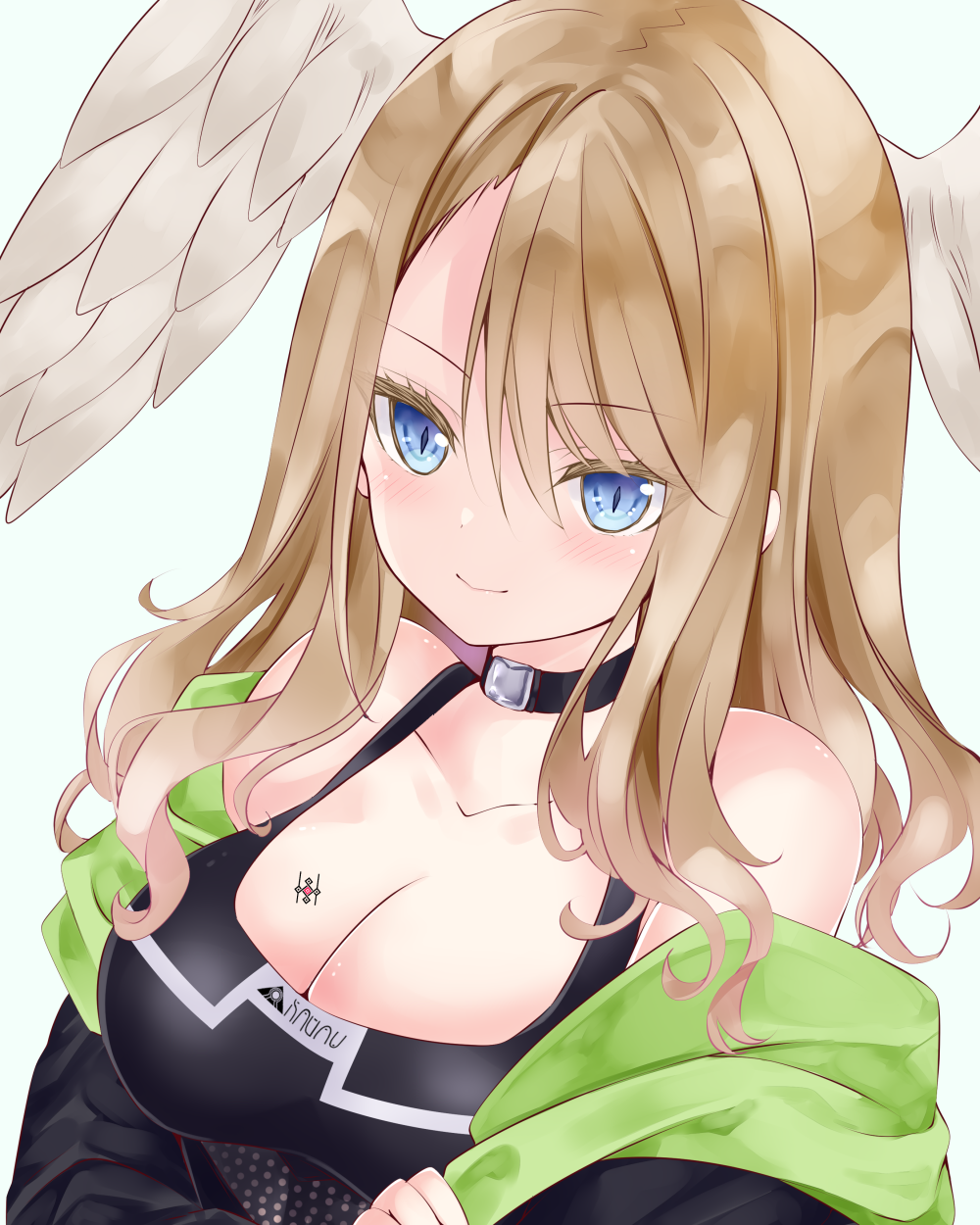 1girl bangs bare_shoulders black_camisole black_choker black_jacket blue_eyes blush breasts brown_hair camisole choker cleavage closed_mouth collarbone eunie_(xenoblade) feathered_wings green_background grey_wings hair_between_eyes head_wings highres hood hood_down hooded_jacket jacket long_hair looking_at_viewer medium_breasts nanase_nao off_shoulder open_clothes open_jacket simple_background smile solo wings xenoblade_chronicles_(series) xenoblade_chronicles_3