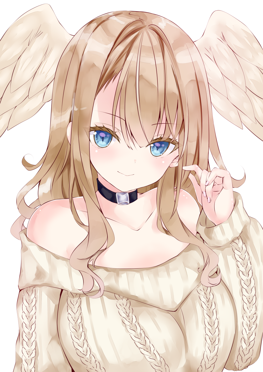 1girl aran_sweater bangs bare_shoulders blue_eyes breasts brown_hair brown_sweater cable_knit choker closed_mouth collarbone eunie_(xenoblade) feathered_wings hair_between_eyes head_wings highres large_breasts long_hair long_sleeves looking_at_viewer nanase_nao off-shoulder_sweater off_shoulder pink_nails puffy_long_sleeves puffy_sleeves simple_background sleeves_past_wrists smile solo sweater white_wings wings xenoblade_chronicles_(series) xenoblade_chronicles_3