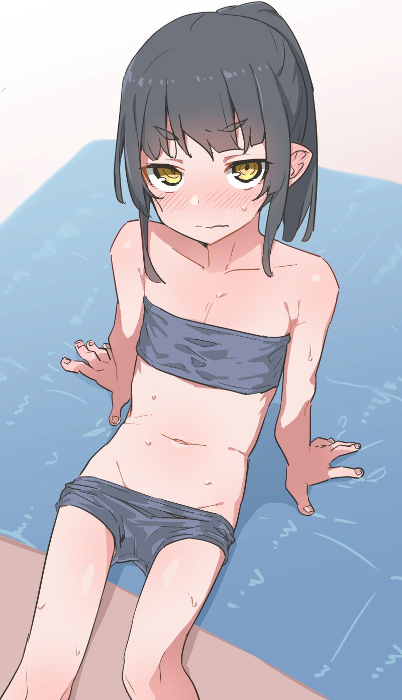 1girl akari_(raigou) arm_support bangs beach_towel black_hair blush flat_chest highres navel original pointy_ears ponytail raigou sidelocks strapless sweat swimsuit thick_eyebrows towel tube_top undressing wavy_mouth yellow_eyes