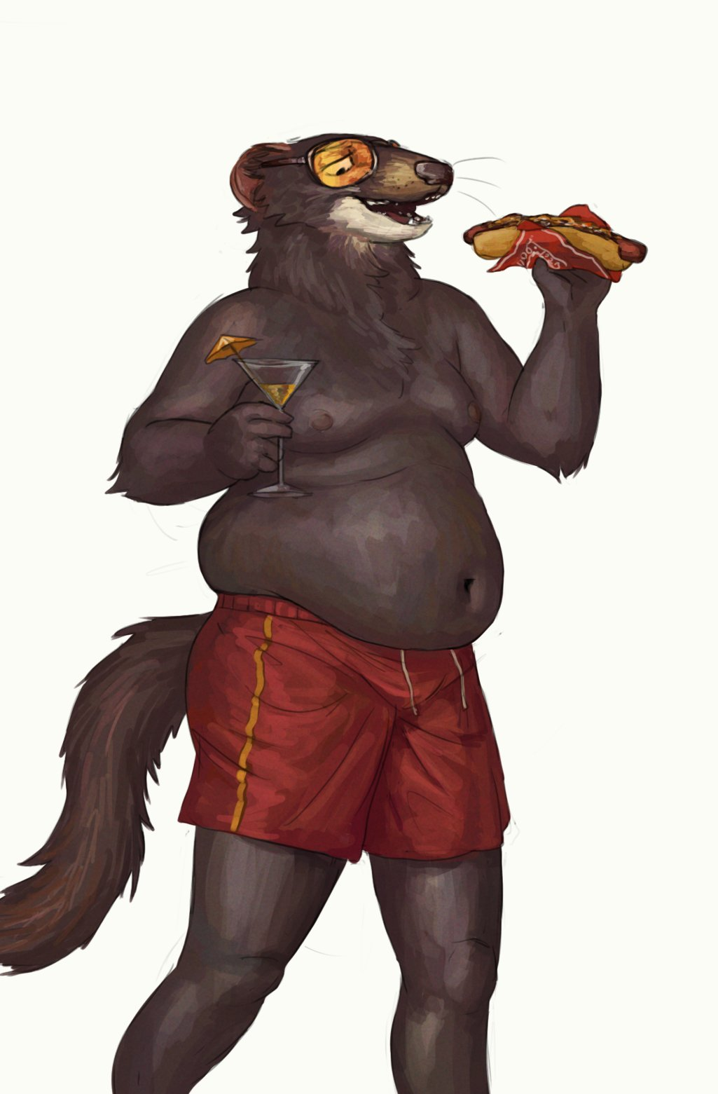 2019 alcohol anthro belly beverage bottomwear brown_body brown_fur cettus clothed clothing cocktail eyewear food fur glass hi_res holding_beverage holding_food holding_object hot_dog looking_down love_handles male mammal mink moobs mustelid musteline navel open_mouth overweight overweight_anthro overweight_male shorts simple_background smile solo sunglasses swimming_trunks swimwear topless true_musteline walking white_background