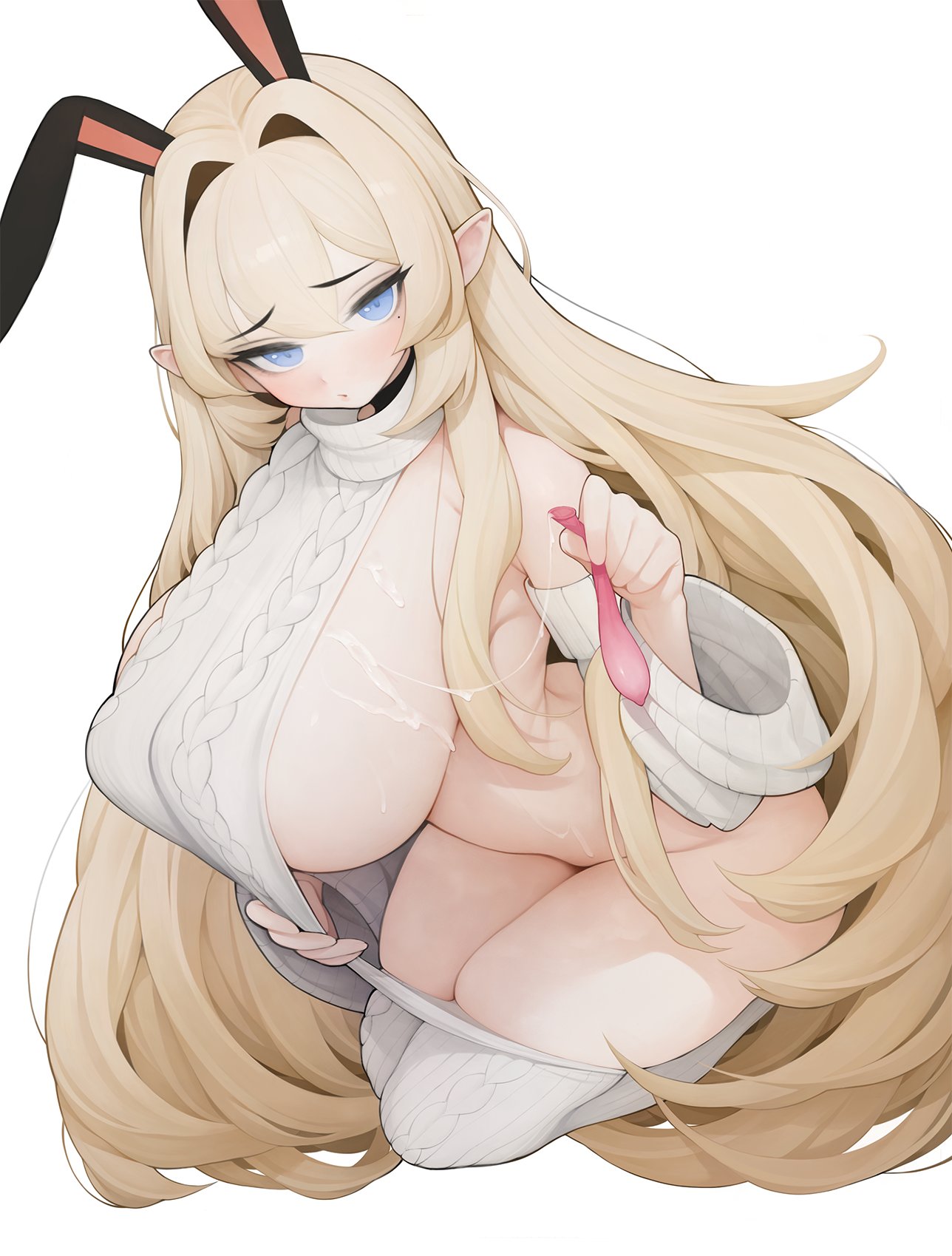 1girl animal_ears bangs blonde_hair blue_eyes blush breasts condom cum detached_sleeves highres holding holding_condom huge_breasts long_hair looking_at_viewer meme_attire mole mole_under_eye naked_sweater original pointy_ears rabbit_(wlsdnjs950) rabbit_ears ribbed_sweater sideboob simple_background solo sweater used_condom very_long_hair virgin_killer_sweater white_background white_sweater