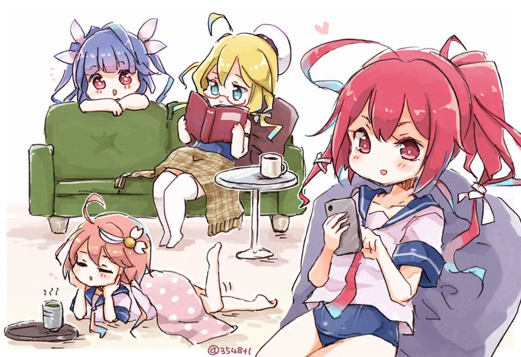 4girls ahoge aqua_eyes bangs barefoot blonde_hair blue_hair blue_one-piece_swimsuit blue_sailor_collar blush book cellphone closed_mouth collarbone commission couch cup glasses green_tea hair_between_eyes hair_ornament hat heart holding holding_book holding_phone i-168_(kancolle) i-19_(kancolle) i-58_(kancolle) i-8_(kancolle) kantai_collection long_hair lying miko_(35nikomi) motion_lines multiple_girls neckerchief on_stomach one-piece_swimsuit open_book open_mouth peaked_cap phone pink_hair ponytail reading red-framed_eyewear red_eyes red_hair sailor_collar school_swimsuit school_uniform semi-rimless_eyewear serafuku short_hair short_sleeves sidelocks sitting skeb_commission smartphone smile swimsuit swimsuit_under_clothes tea the_pose thighhighs tri_tails twitter_username white_headwear white_thighhighs