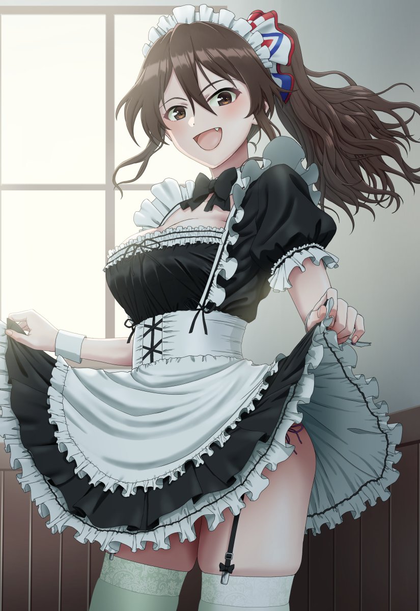 1girl alternate_costume apron ashigara_(kancolle) black_bow black_bowtie black_dress bow bowtie breasts brown_eyes brown_hair clothes_lift dress enmaided fang frilled_apron frilled_dress frills garter_straps hair_between_eyes high_ponytail highres indoors kantai_collection large_breasts lifted_by_self long_hair looking_at_viewer maid maid_apron maid_headdress mikan_29344886 open_mouth puffy_short_sleeves puffy_sleeves short_sleeves skindentation skirt skirt_lift smile solo thighhighs waist_apron white_apron white_thighhighs window wrist_cuffs