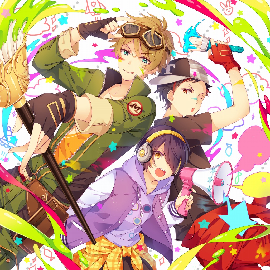 3boys :q ;o arm_up bangs baseball_cap belt belt_pouch black_gloves black_hair black_shirt blonde_hair blue_eyes brown_hair buttons closed_mouth clothes_around_waist cloud collared_jacket commentary_request drawstring ensemble_stars! fingerless_gloves fish gloves goggles goggles_on_head green_jacket green_pants hair_between_eyes hair_over_one_eye hand_up hat headphones high_collar holding holding_megaphone holding_paintbrush hood hood_down hoodie jacket kina_(446964) letterman_jacket long_sleeves looking_at_viewer male_focus megaphone multicolored_hair multiple_boys nagumo_tetora one_eye_closed one_eye_covered open_clothes open_jacket open_mouth outstretched_arm paint paint_splatter paint_splatter_on_face paintbrush pants parted_bangs pouch purple_hoodie purple_jacket red_eyes red_gloves red_hair red_pants rocket_ship sengoku_shinobu shirt short_hair short_sleeves sideways_hat smile spacecraft sparkle star_(symbol) streaked_hair swept_bangs takamine_midori teeth tongue tongue_out ufo upper_teeth_only v-shaped_eyebrows yellow_eyes zipper