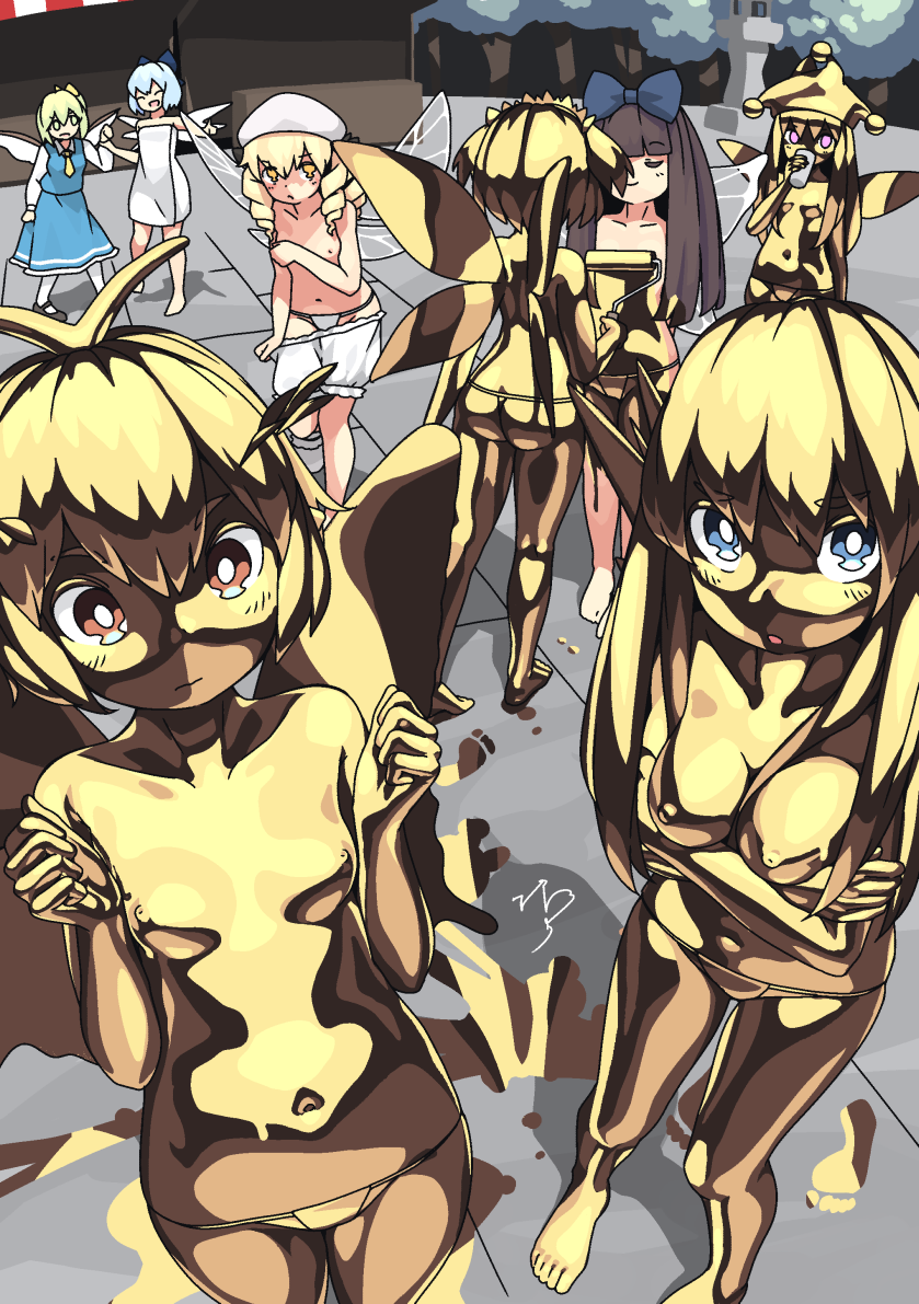 ass beret blonde_hair bloomers blue_bow blue_eyes blue_hair bodypaint bow breast_lift breasts brown_eyes brown_hair butterfly_wings cirno closed_eyes clownpiece commentary_request covering covering_one_breast cup daiyousei drill_hair drinking embarrassed eternity_larva fairy_wings gold_paint green_eyes green_hair hair_bow hat holding holding_cup huxiao_(mistlakefront) ice ice_wings jester_cap lily_white long_hair luna_child medium_breasts naked_paint naked_towel navel nipples open_mouth orange_eyes paid_reward_available paint_roller pink_eyes public_indecency public_nudity short_hair signature small_breasts smile star_sapphire sunny_milk tearing_up thong topless touhou towel underwear wings