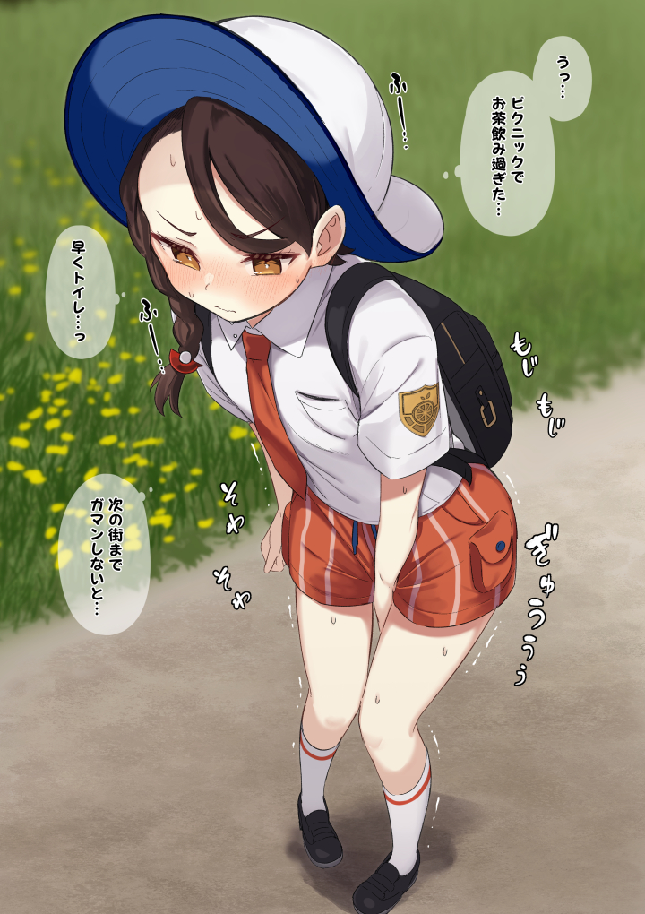 1girl backpack bag between_legs black_footwear blush braid breast_pocket brown_eyes brown_hair closed_mouth collared_shirt grass hand_between_legs hat juliana_(pokemon) kneehighs long_hair metaring naranja_academy_school_uniform necktie orange_necktie orange_shorts outdoors pocket pokemon pokemon_(game) pokemon_sv school_uniform shirt shoes short_sleeves shorts socks solo standing sweat thought_bubble trembling white_headwear white_socks