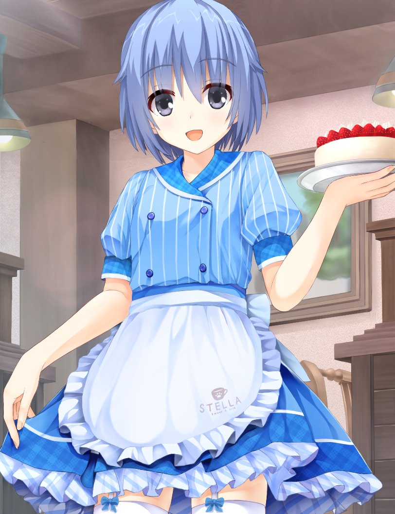 1boy :d apron back_bow bangs blue_bow blue_collar blue_hair blue_jacket blue_skirt blush bow cafe cafe_stella_to_shinigami_no_chou cake collar commentary company_connection cosplay crossdressing crossover food frilled_apron frilled_skirt frills fruit garter_straps grey_eyes hair_between_eyes hand_up holding holding_tray indoors jacket looking_at_viewer open_mouth otoko_no_ko pinstripe_pattern pinstripe_shirt plaid_collar print_cup puffy_short_sleeves puffy_sleeves riddle_joker shirt short_hair short_sleeves skirt skirt_tug smile solo spiked_hair standing strawberry striped suou_kyouhei thighhighs tray waiter white_apron white_bow white_thighhighs xiexianglg yuzu-soft zettai_ryouiki