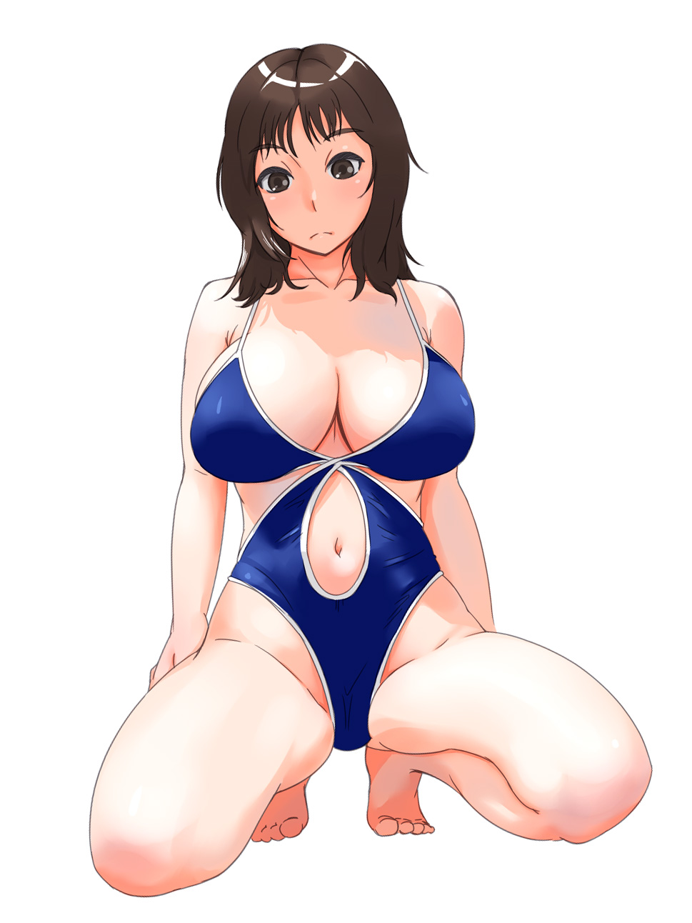 bare_shoulders barefoot breasts brown_eyes brown_hair cleavage groin highres jt_dong-agyoku large_breasts navel one-piece_swimsuit original solo squatting swimsuit
