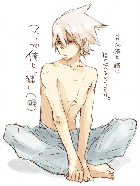 barefoot feet hands_on_feet katsura_miya male_focus scar shirtless sketch solo soul_eater soul_eater_(character) translation_request