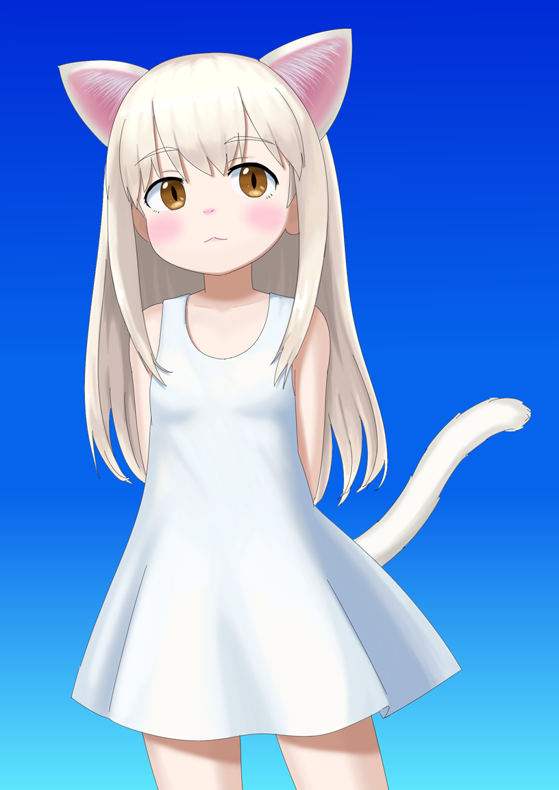 2019 amber_eyes animal_humanoid blonde_hair blue_background blush cat_humanoid child clothed clothing dress felid felid_humanoid feline feline_humanoid female hair humanoid mammal mitokon_dorian simple_background slit_pupils solo young