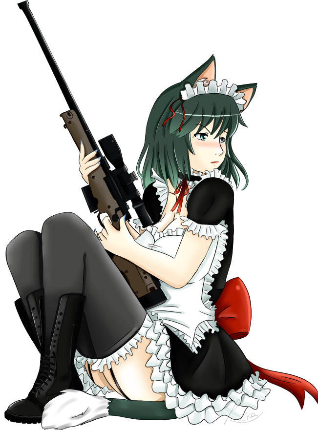 animal_ears bad_id bad_pixiv_id boots frills garter_straps gun gunneko maid maid_headdress original rifle sniper_rifle solo tail thighhighs weapon