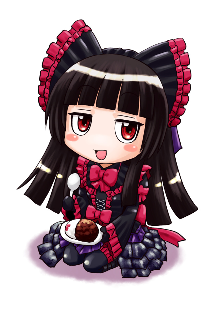 1girl bangs black_dress black_gloves black_pantyhose blunt_bangs blush_stickers bow chibi curry curry_rice dress food frilled_dress frills full_body gate_-_jieitai_ka_no_chi_nite_kaku_tatakaeri gloves hime_cut long_hair open_mouth pantyhose pink_bow pink_trim red_eyes rice rory_mercury sao_satoru seiza sidelocks simple_background sitting solo spoon white_background