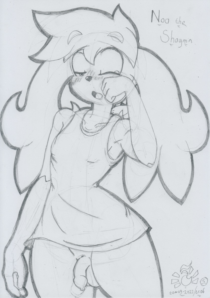 2022 anthro balls blush bottomless bottomless_male clothed clothing flaccid floppy_ears foreskin generation_4_pokemon genitals girly graphite_(artwork) legendary_pokemon lunaris_parukia male mostly_nude narrowed_eyes navel nintendo noa_(lunaris_parukia) penis pokemon pokemon_(species) pokemorph rubbing_eyes shaymin shirt shirt_only sky_forme_shaymin solo tank_top tired topwear topwear_only traditional_media_(artwork)