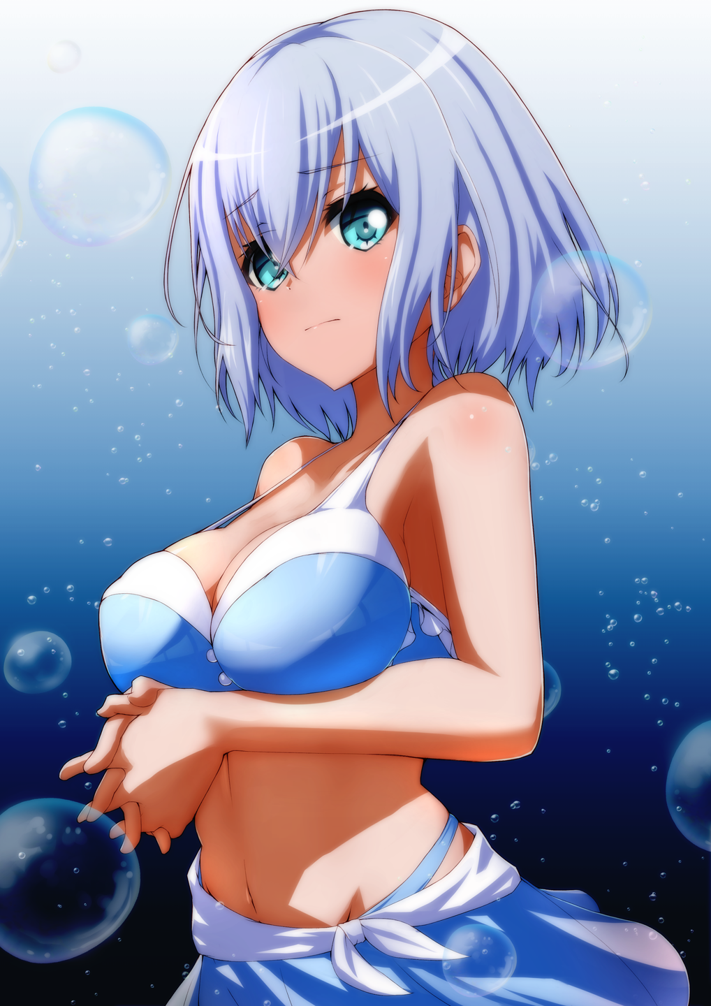 1girl air_bubble aqua_eyes arms_under_breasts bang_dream! bangs bare_arms bare_shoulders bikini bikini_skirt blue_background blue_bikini breasts bubble closed_mouth commentary_request frilled_bikini frills gradient_background grey_hair groin hair_between_eyes hands_up highres hiraken interlocked_fingers kurata_mashiro looking_at_viewer medium_breasts medium_hair navel official_alternate_costume own_hands_together raised_eyebrows solo stomach strap_gap swimsuit two-tone_bikini upper_body white_bikini