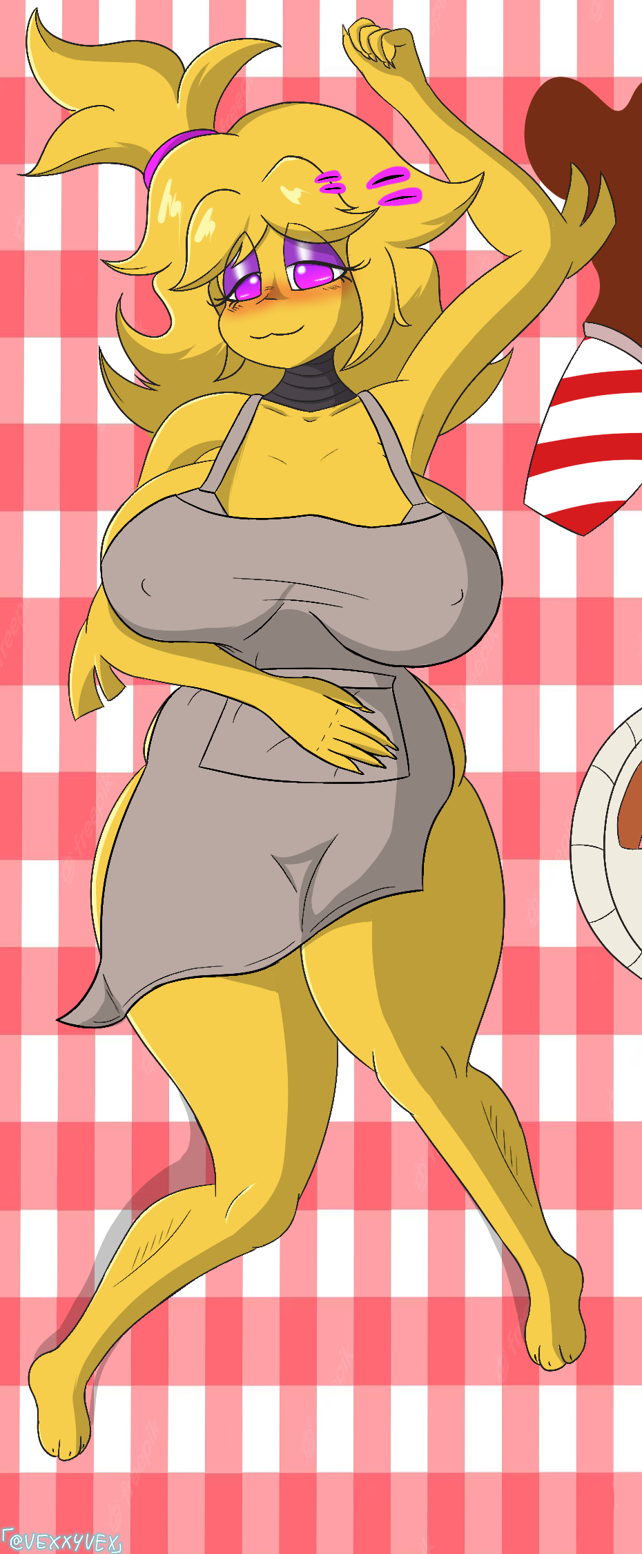 animatronic anthro apron apron_only avian big_breasts bird blush breasts chica_(cally3d) chica_(fnaf) chicken clothing dakimakura_pose female five_nights_at_freddy's fredina's_nightclub galliform gallus_(genus) hi_res looking_at_viewer machine mostly_nude phasianid robot scottgames simple_background slightly_chubby solo thick_thighs vexxyvex yellow_body