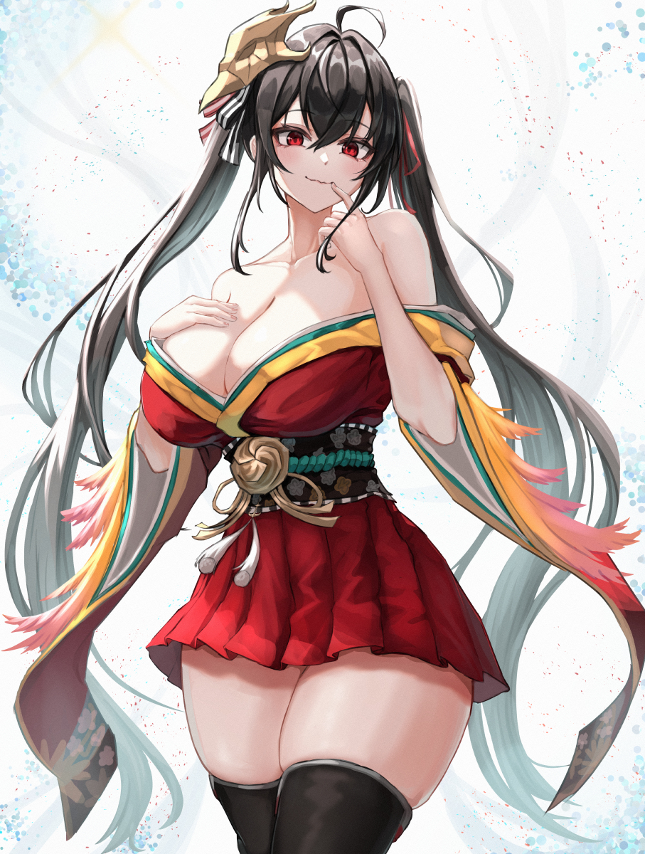 1girl :3 ahoge azur_lane black_hair black_thighhighs breasts cleavage dress gradient_background hair_between_eyes hair_ornament hand_on_own_chest highres large_breasts long_hair long_sleeves looking_at_viewer moppo red_dress red_eyes sash smile solo_focus strapless strapless_dress taihou_(azur_lane) thick_thighs thighhighs thighs twintails very_long_hair