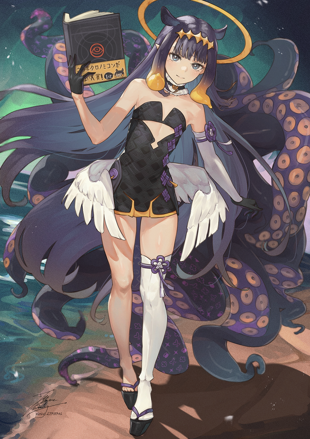 1girl ao-chan_(ninomae_ina'nis) bangs bare_shoulders beach black_dress black_gloves black_hair blue_eyes blunt_bangs book closed_mouth detached_sleeves dress fadingz flat_chest full_body gloves halo highres holding holding_book hololive hololive_english long_hair looking_at_viewer low_wings ninomae_ina'nis ocean pixiv_id sand signature single_detached_sleeve single_thighhigh solo tabi tentacles thighhighs virtual_youtuber white_sleeves white_thighhighs white_wings wings
