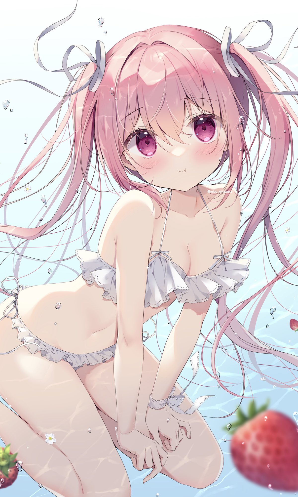 1girl arms_behind_back bangs bare_legs bikini blurry blush breasts bubble cleavage closed_mouth collarbone commentary depth_of_field food fruit gradient_background hair_between_eyes hair_ornament hair_ribbon highres long_hair looking_at_viewer miyasaka_miyu navel original pink_eyes pink_hair pout ribbon small_breasts solo strawberry swimsuit symbol-only_commentary thighs underwear white_bikini
