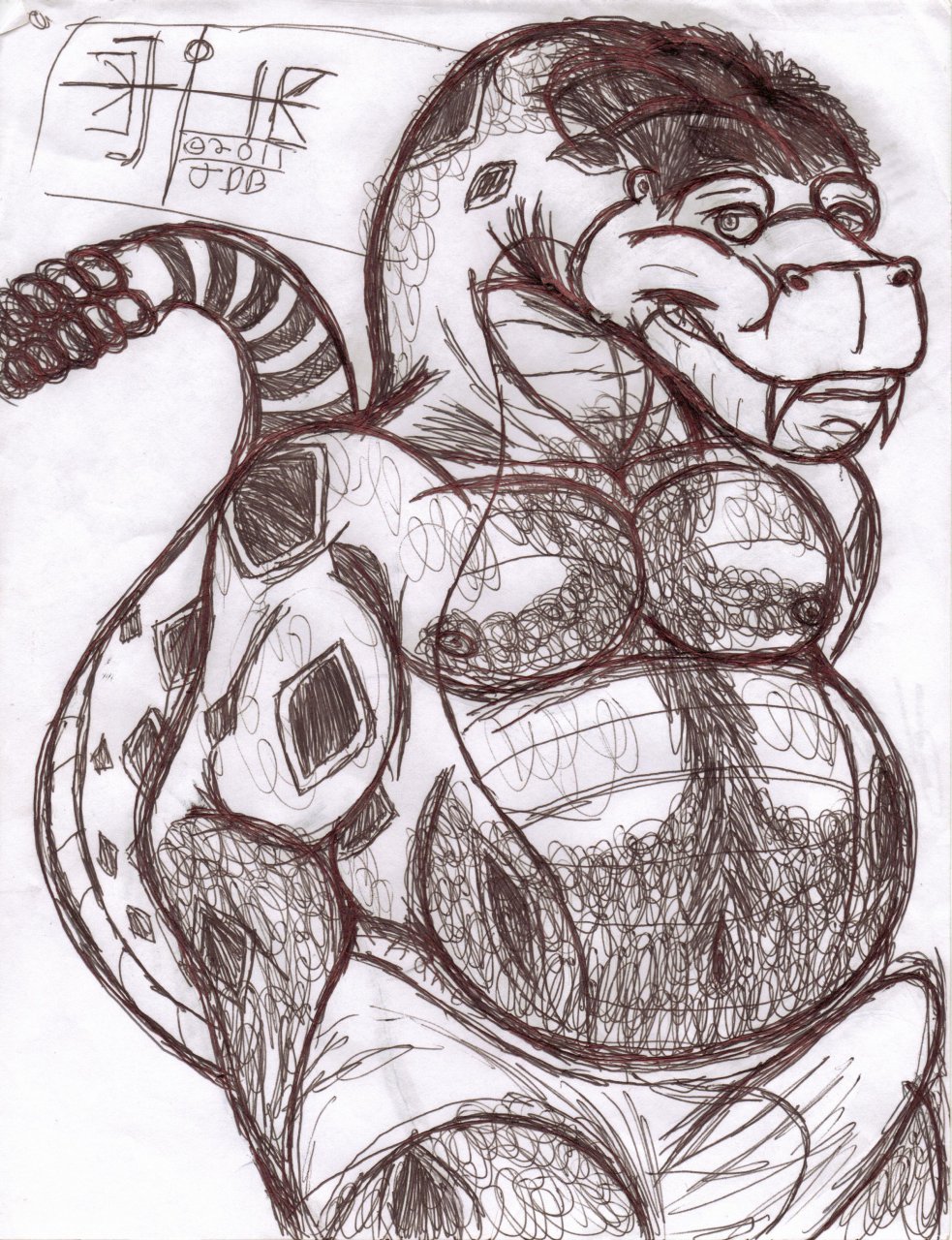 2011 anthro arm_hair belly belly_hair biceps big_belly body_hair bulge chest_hair clothed clothing erection erection_under_clothing fangs grin hair hairy hi_res jakkindragonboy looking_at_viewer male monochrome navel nipples overweight pecs pit_viper rattlesnake reptile scalie scruffy smile smirk snake solo teeth traditional_media_(artwork) underwear viper