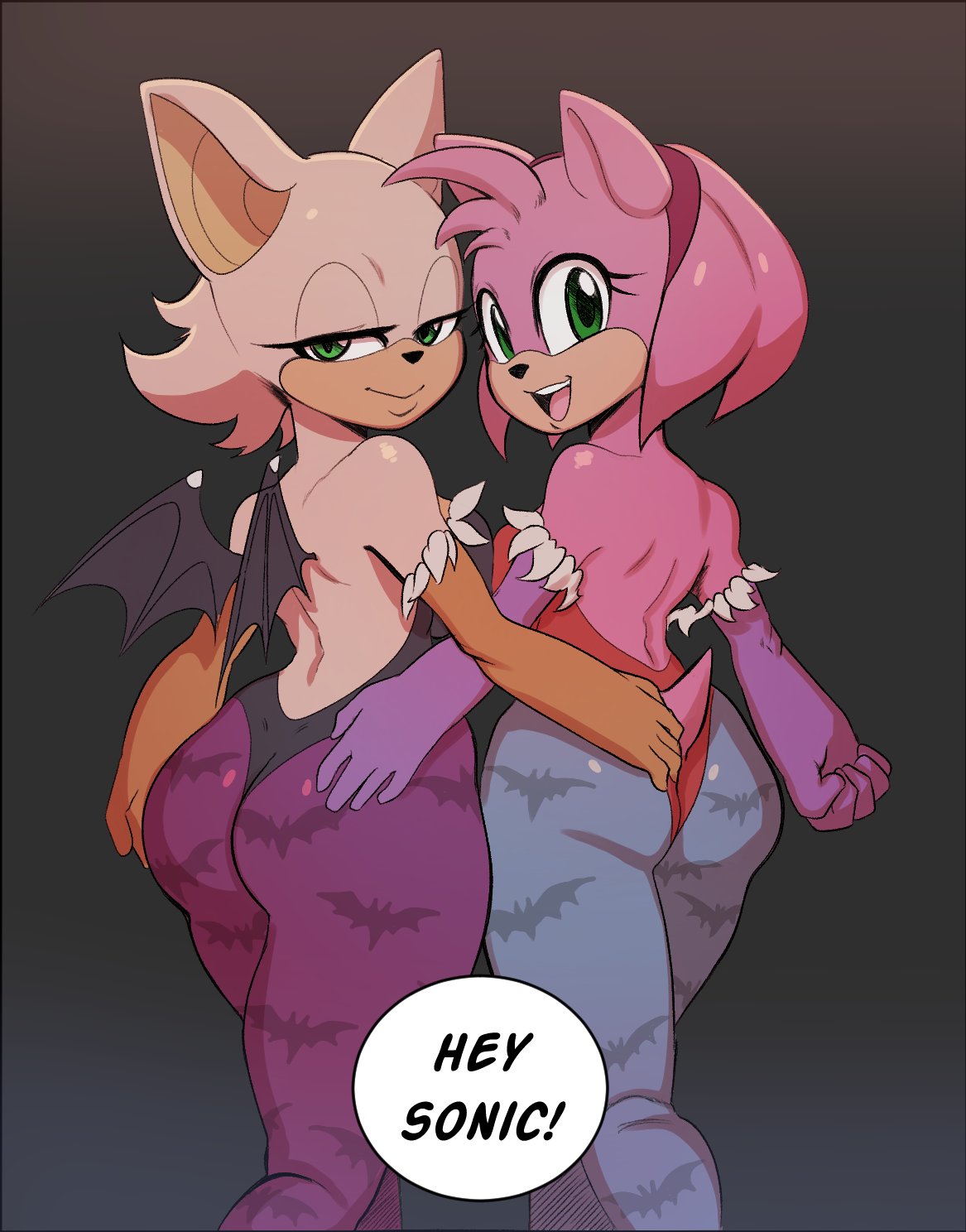 amy_rose anthro bat bat_wings bedroom_eyes big_breasts big_butt breast_size_difference breasts butt capcom clothing cosplay crossover crossover_cosplay darkstalkers dialogue duo eulipotyphlan female female/female fur green_eyes hair hedgehog hi_res leggings legwear leotard looking_at_viewer looking_back looking_back_at_viewer mammal membrane_(anatomy) membranous_wings morrigan_aensland narrowed_eyes open_mouth pink_body pink_fur pink_hair rear_view rouge_the_bat seductive sega short_tail shybred smile sonic_the_hedgehog_(series) tail tight_clothing tights white_body white_fur wings