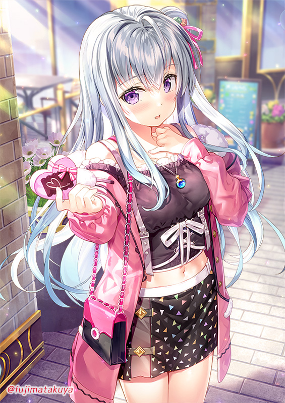 1girl astesice_kairi bag bangs black_camisole black_skirt blurry blurry_background blush box breasts camisole cardfight!!_vanguard carrying commentary crop_top day depth_of_field fujima_takuya gift gift_box grey_hair hair_between_eyes hair_ribbon hand_on_own_chest handbag hands_up heart heart-shaped_box heart-shaped_pupils holding holding_gift jacket jewelry long_hair long_sleeves looking_at_viewer midriff navel necklace off_shoulder one_side_up open_clothes open_jacket open_mouth outdoors pink_jacket pink_ribbon puffy_long_sleeves puffy_sleeves purple_eyes ribbon shoulder_bag skirt sleeves_past_wrists small_breasts smile solo standing strap_slip sunlight symbol-shaped_pupils twitter_username valentine