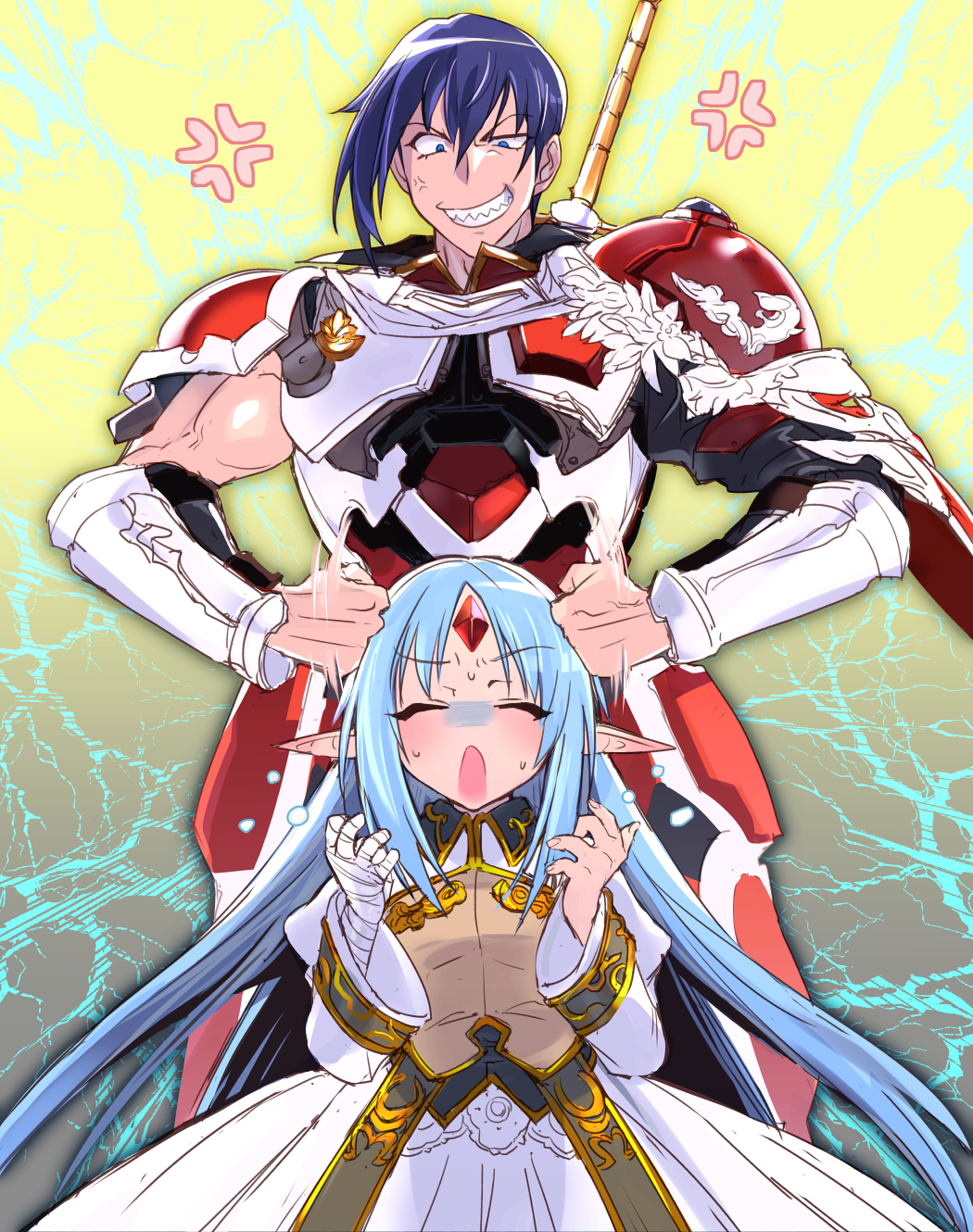 1boy 1girl anger_vein angry armor bandaged_arm bandages blue_eyes blue_hair brother_and_sister closed_eyes dress forehead_jewel highres light_blue_hair long_hair pointy_ears punching rance_(series) rance_10 reset_kalar sharp_teeth short_hair siblings teeth white_armor white_dress yanazuri_(kimossari337) zance_leazas