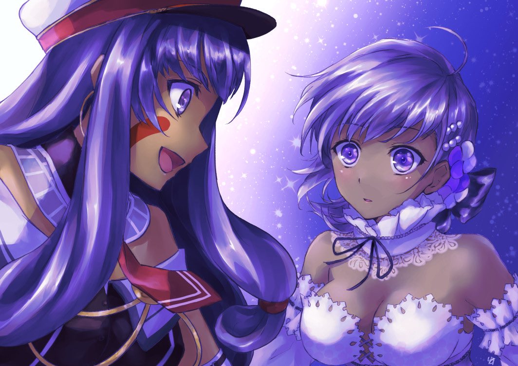 2girls ahoge ascot beads breasts cleavage commentary_request dark-skinned_female dark_skin detached_collar detached_sleeves facial_mark fate/grand_order fate_(series) hair_beads hair_ornament hassan_of_serenity_(fate) hassan_of_serenity_(lostroom_outfit)_(fate) hat large_breasts lo_lis long_hair medium_breasts medium_hair multiple_girls nitocris_(fate) nitocris_(lostroom_outfit)_(fate) off_shoulder open_mouth purple_background purple_eyes purple_hair red_ascot smile very_dark_skin