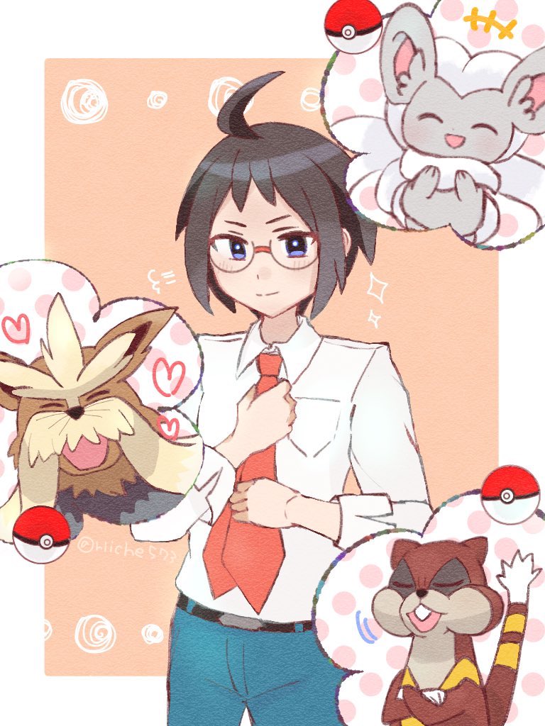 1boy adjusting_clothes adjusting_necktie ahoge bangs belt belt_buckle black_belt blue_eyes blush breast_pocket buckle cheren_(pokemon) chira_(riiche573) cinccino closed_mouth collared_shirt commentary_request glasses heart male_focus necktie orange_necktie pants pocket pokemon pokemon_(game) pokemon_bw2 shirt short_hair sleeves_rolled_up smile stoutland watchog white_shirt