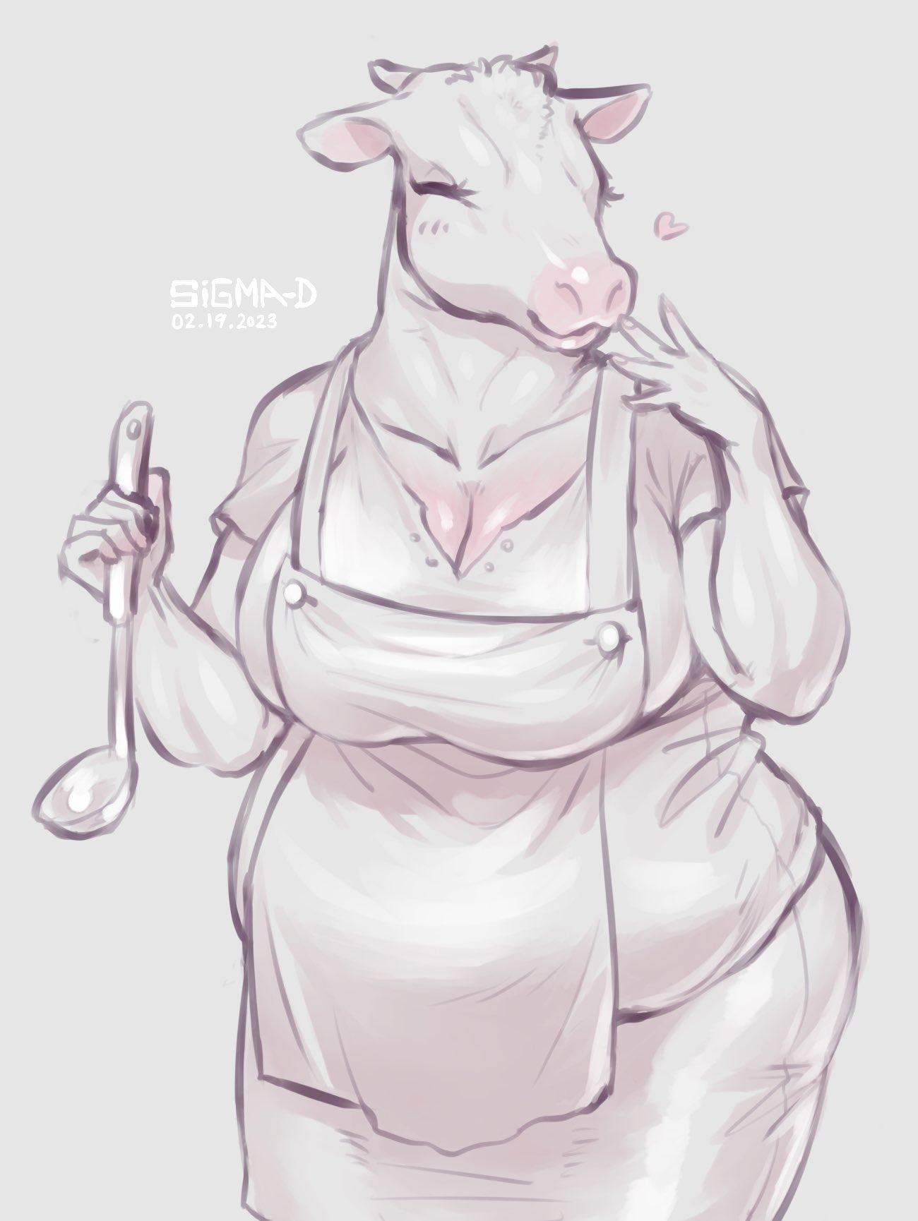 &lt;3 2023 2_horns 5_fingers anthro apron arms_bent artist_name belly big_breasts blush blush_lines bottomwear bovid bovine breasts cattle cleavage closed_smile clothed clothed_anthro clothed_female clothing collarbone countershade_face countershading dated digital_drawing_(artwork) digital_media_(artwork) eyelashes eyes_closed female fingernails fingers fully_clothed fur fur_tuft glistening glistening_body glistening_breasts head_tuft head_turned hi_res holding_ladle holding_object holding_tool holding_utensil horn humanoid_hands kitchen_utensils ladle mammal monochrome mouth_closed nails overweight overweight_anthro overweight_female portrait shirt shy sigma-d skirt smile smiling_at_viewer snout solo standing thick_neck three-quarter_portrait tools topwear tuft