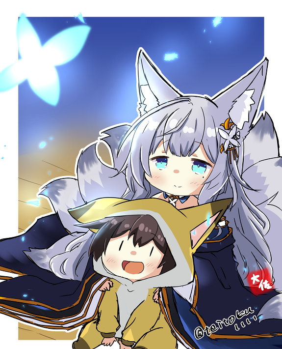 2girls :d alternate_costume animal_costume animal_ears aqua_eyes azur_lane bangs black_hair blurry bug butterfly commentary_request crossover depth_of_field fox_costume fox_ears fox_girl fox_tail from_above grey_hair hair_between_eyes hair_ornament japanese_clothes kaga_(kancolle) kantai_collection kyuubi long_hair long_sleeves looking_at_viewer looking_up multiple_girls multiple_tails shinano_(azur_lane) sidelocks signature simple_background sitting sitting_on_person smile tail taisa_(kari) twitter_username wide_sleeves wooden_floor