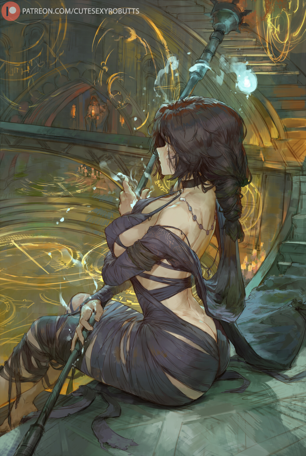 1girl ass back bangs bare_shoulders black_dress black_hair breasts choker cutesexyrobutts demon's_souls dress highres jewelry large_breasts long_hair long_sleeves low_ponytail maiden_in_black necklace sideboob sitting solo staff stairs thighs torn_clothes torn_dress