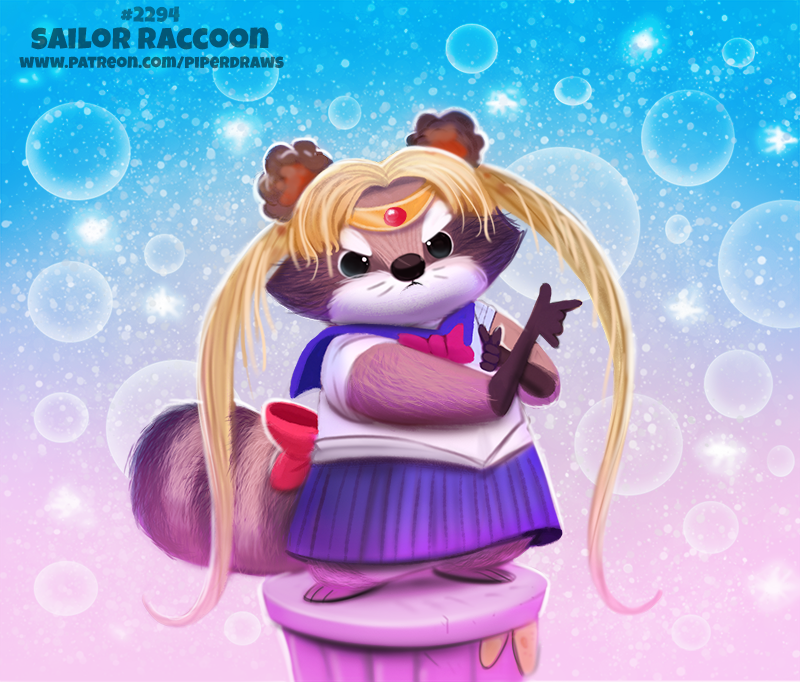 anthro banana_peel black_eyes black_fur blonde_hair bow brown_fur bubble clothing cryptid-creations female fur hair luna_(sailor_moon) mammal procyonid raccoon sailor_moon_(series) sailor_outfit skirt solo star trash)can whiskers white_fur