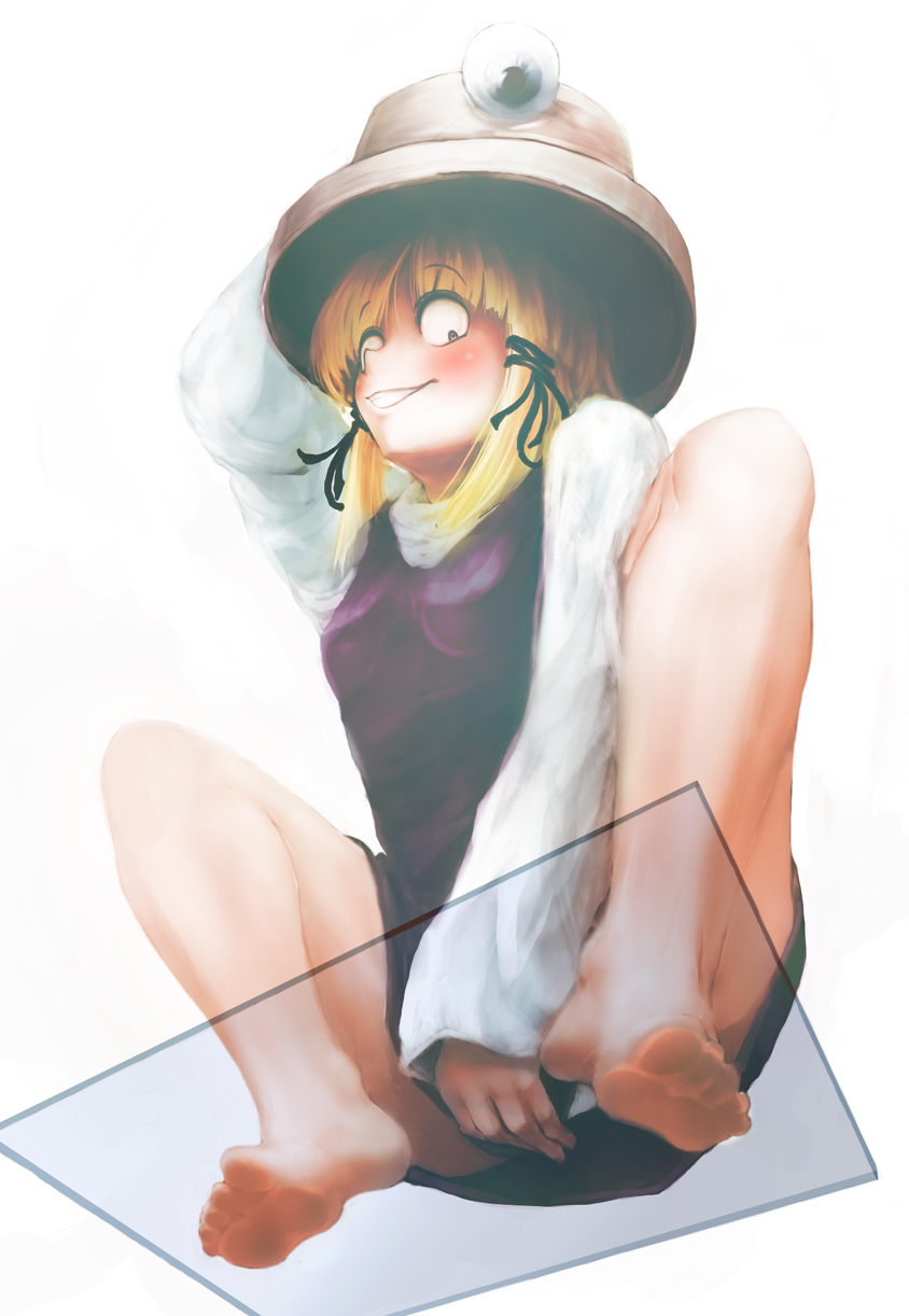 against_glass azzie_(az_man_studios) bad_id bad_pixiv_id barefoot blonde_hair blush breasts crazy_eyes eyes feet foreshortening grin hat highres moriya_suwako short_hair small_breasts smile soles solo spread_legs toes touhou yellow_eyes you_gonna_get_raped