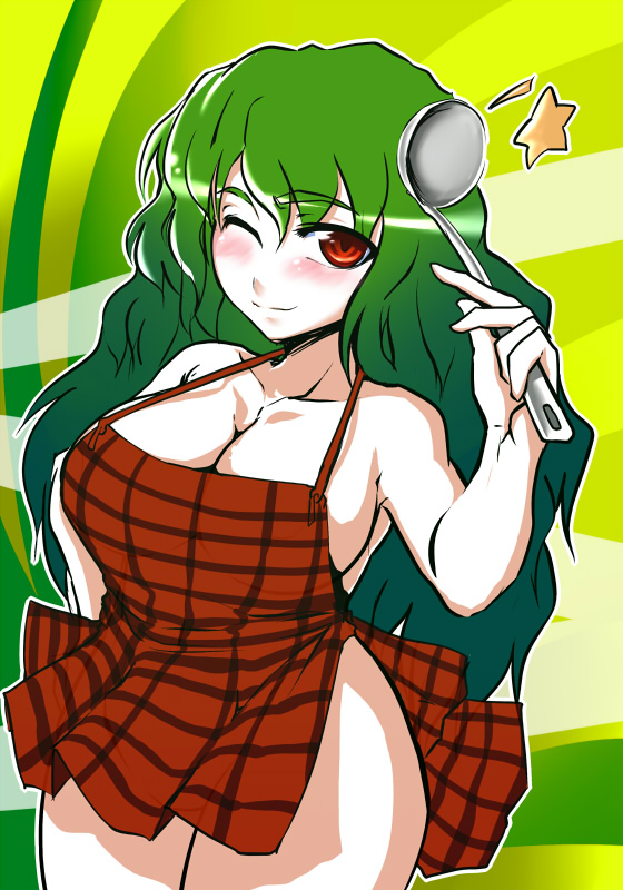 apron bare_shoulders blush breasts cleavage curvy genb green_hair kazami_yuuka kazami_yuuka_(pc-98) large_breasts long_hair naked_apron one_eye_closed red_eyes sideboob solo touhou touhou_(pc-98) wide_hips