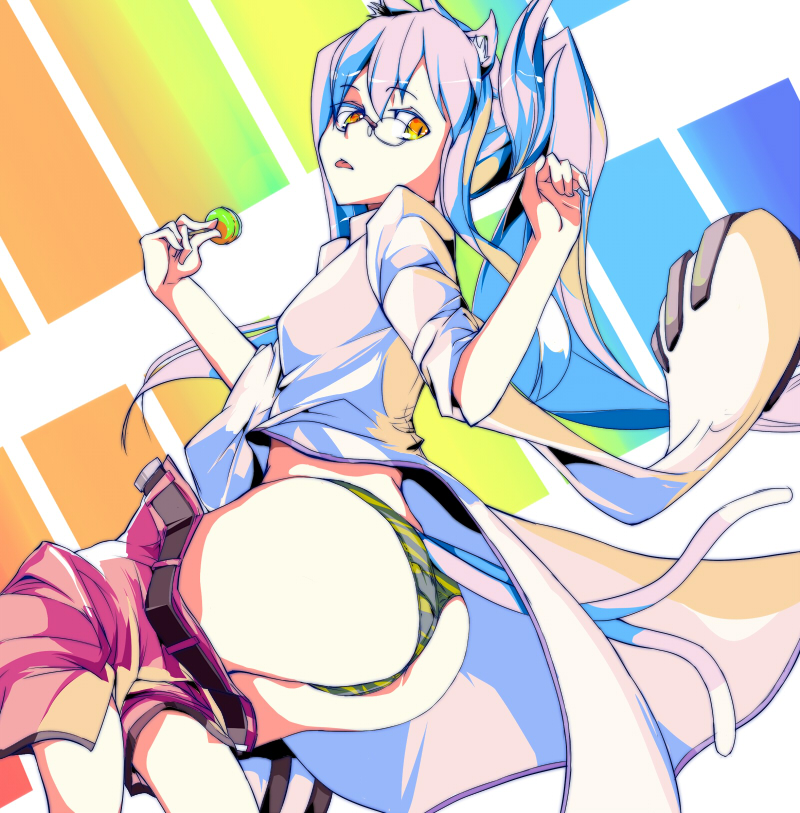 :p animal_ears animal_print ass blazblue candy cat_ears cat_tail eightman food glasses kokonoe lollipop panties pince-nez pink_hair ponytail rainbow_background tail thong tiger_print tiger_stripes tongue tongue_out underwear yellow_eyes