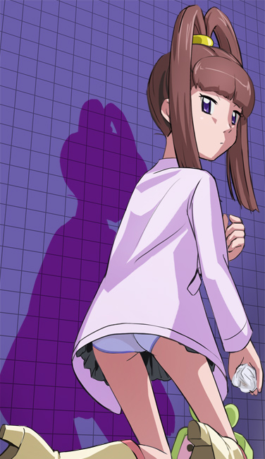 1girl amano_nene brown_hair closed_mouth digimon digimon_xros_wars haruyama_kazunori high_ponytail long_hair looking_at_viewer panties pleated_skirt purple_eyes shadow skirt solo split_ponytail underwear