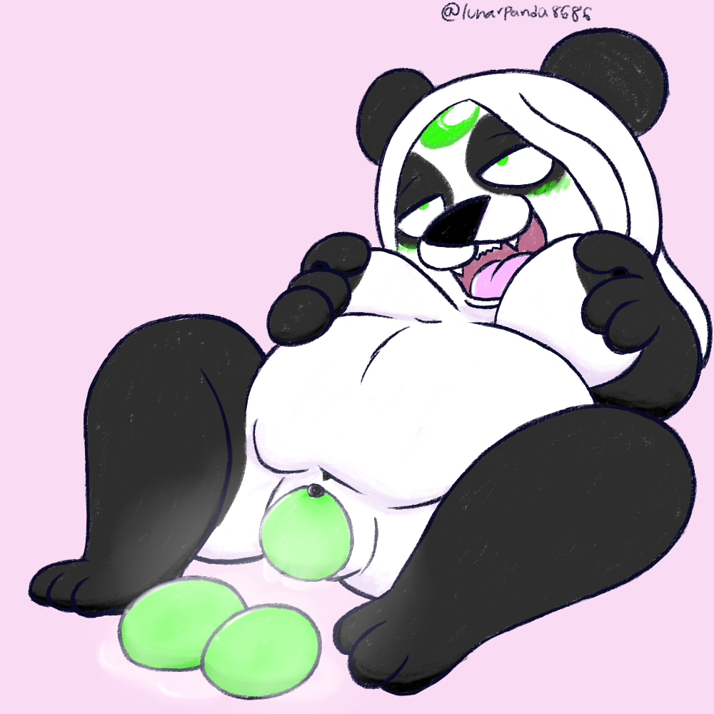 anthro bear black_body black_clitoris black_fur black_nose blush bodily_fluids breasts clitoris egg female fur fur_markings genital_fluids genitals giant_panda green_eyes hair lunarpanda8686 mammal markings mika_(lunarpanda8686) nipples nude open_mouth oviposition pussy_juice round_ears simple_background slightly_chubby smile solo white_body white_fur white_hair