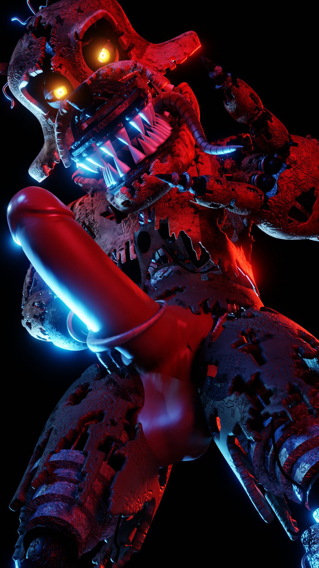animatronic balls big_penis blender_(software) canid canine five_nights_at_freddy's five_nights_at_freddy's_4 fox foxy_(fnaf) genitals hi_res humanoid machine male mammal nightmare_foxy_(fnaf) nightmare_fuel penis robot robot_humanoid scottgames solo tongue tongue_out