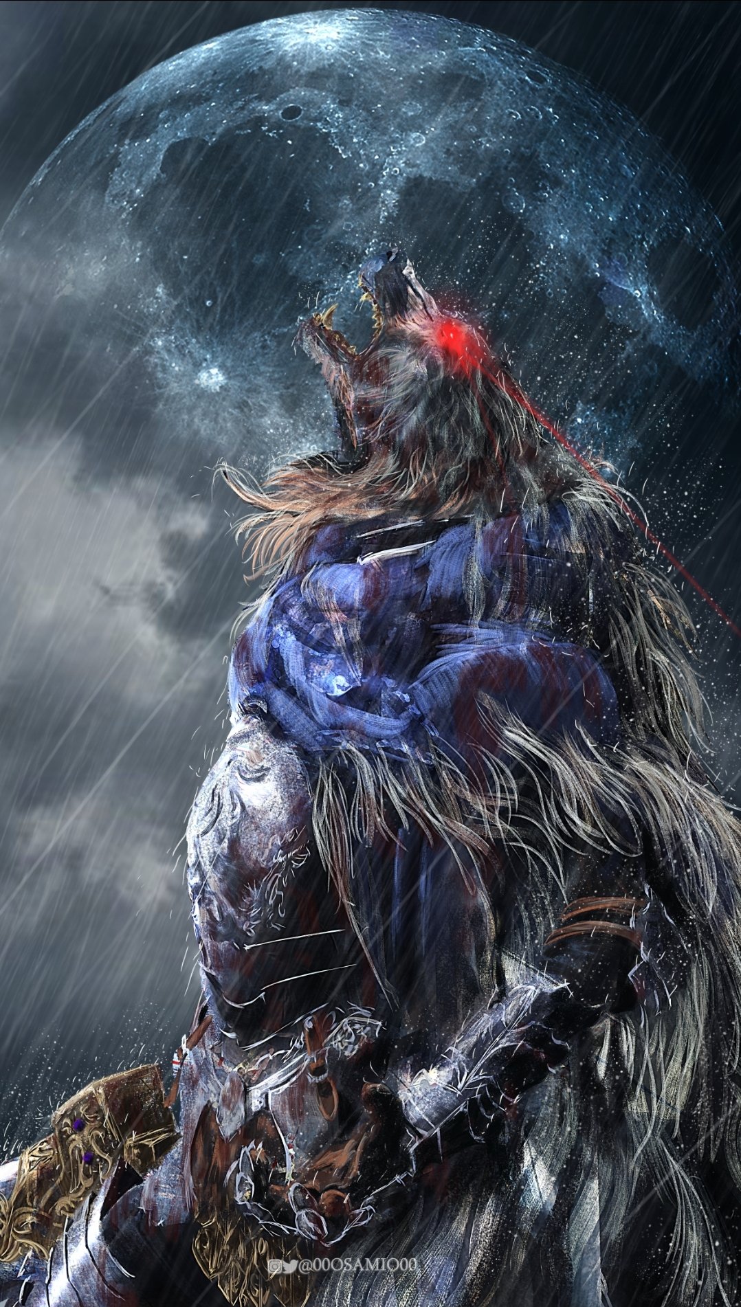 00osamio00 1boy armor artist_name blaidd_the_half-wolf blue_scarf cape cloud cloudy_sky elden_ring full_moon fur_cape fur_trim glowing glowing_eyes highres holding holding_weapon instagram_username moon rain red_eyes roaring scarf sky solo sword sword_hilt twitter_username weapon wolf_boy